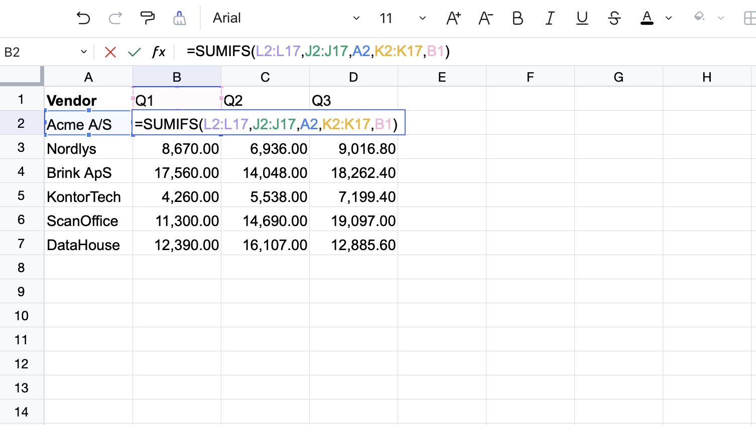 Spreadsheet showing vendor revenue by quarter with SUMIFS formula